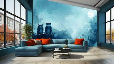 The image is of two owls sitting on a branch in a forest at night Wall mural