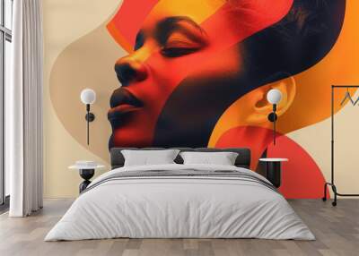 The image shows a black woman with a red and yellow background. She is looking down with her eyes closed. The image is very colorful and has a lot of contrast. Wall mural