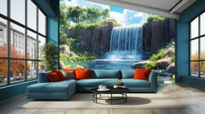 Tranquil Waterfall in a Lush Forest Landscape with Blue Sky and Fluffy Clouds Wall mural