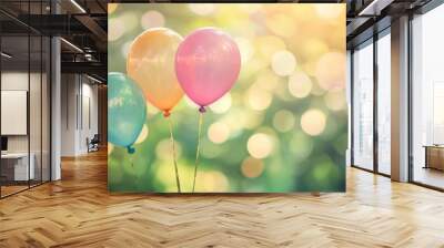 Trio of balloons gracefully ascending into the azure sky  Wall mural