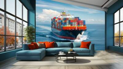 Vibrant Cargo Ship on Clear Blue Sea Wall mural