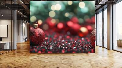 Vibrant christmas balls on red and green backdrop, festive holiday decor for a joyful celebration Wall mural