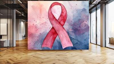 Watercolor illustration of a red awareness ribbon on a colorful background symbolizing hope, support, and solidarity. Wall mural