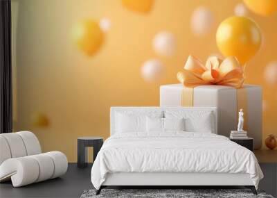 White Gift Box with Orange Ribbon and Golden Balls on a Yellow Background Wall mural