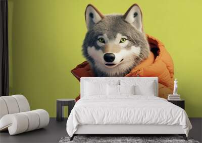 Wolf in Orange Puffer Jacket on Green Background Wall mural