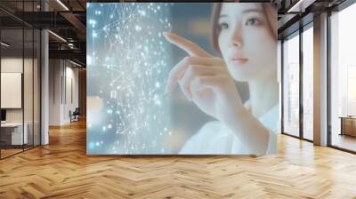 Woman Touching Digital Network  Abstract Tech Background  Connectivity Concept Wall mural