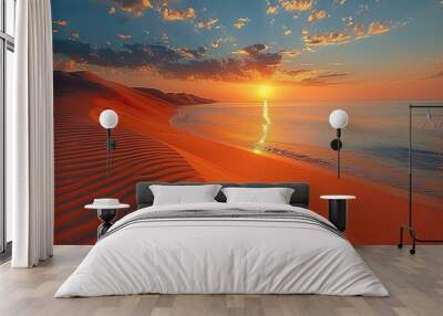  earthy tones reflect the tranquil beauty of a desert environment at dusk. As the sun sets, the wide, undulating dunes of the peaceful desert environment are bathed in a warm glow. Wall mural