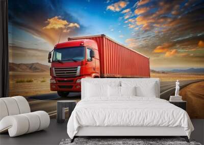 A red cargo truck driving in a desert area under a blue sky, red container truck Wall mural