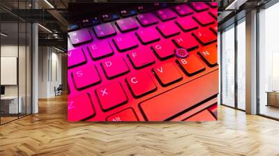 Studio shot of closeup of laptop keyboard illumination, backlit keyboard lit with colorful desktop screen wallpaper in a dark room	 Wall mural