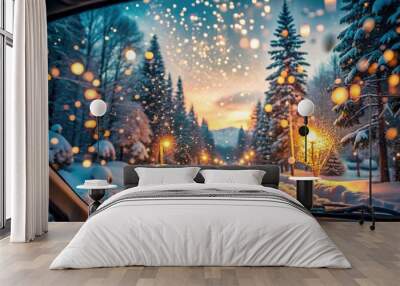 Car road trip during snowy winter evening, winter road Wall mural