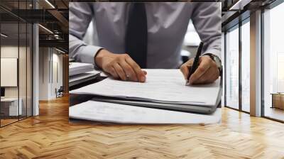 Close-up of an office worker using paperwork at a table Wall mural