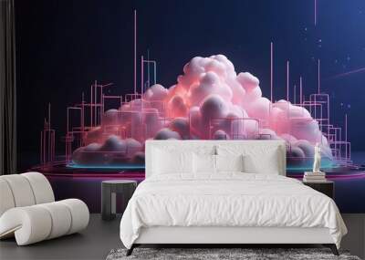 Cloud-based computing Concept for Data Base Technology using neon structures that light against a dark background. An example of generative AI, Cloud Data Base Technology concept with blue and pink  Wall mural