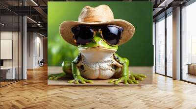 Funny frog with fashionable eyeglasses and a summer hat,funny, frog, fashionable, eyeglasses, summer hat, amphibian, quirky, whimsical, cute, humorous, stylish, accessorized, character, cartoon, fun Wall mural