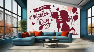 happy mother's day, mother's and baby together smiling, pink silhouette of a mother and child with balloons and hearts Wall mural