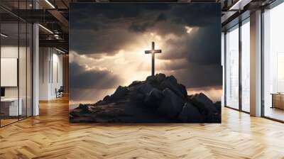 innovative idea for a religion. Cross over a mountainous hill, Shadow Play Christian cross atop a mountain with a backdrop of sunlight, trust in the person of Jesus. Christianity. worship in churches, Wall mural