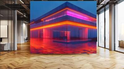 Modern office building, blue and red building image, china office Generative AI, red bridge in the night, modern office building, view of the bridge Wall mural