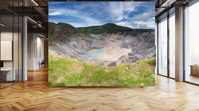 Panoramic view of Tangkuban Perahu crater, showing beautiful and huge mountain crater, at the morning,illuminated by sunlight.  There also a blue sky and beautiful cloud Wall mural