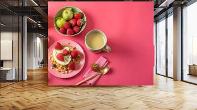 Pink background with fresh fruits and tea, healthy breakfast with copy space  Wall mural