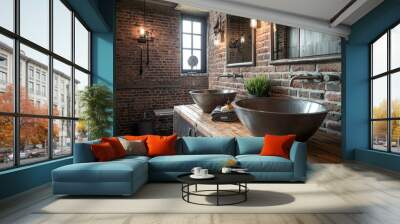 A chic industrial bathroom with a wooden countertop, a metal basin, and brick walls featuring a mix of vintage and modern fixtures Wall mural