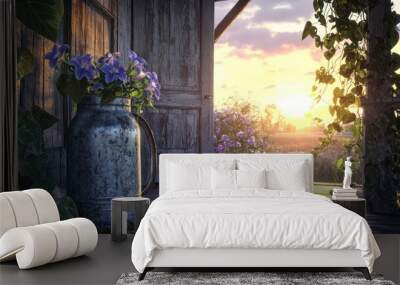 A farmhouse porch at sunrise, with a vintage metal milk jug repurposed as a planter for morning glories and wild ivy Wall mural