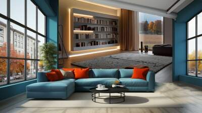 A living room with a single, floor-to-ceiling bookcase with integrated LED strip lighting, and a modernist wool rug Wall mural