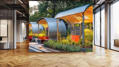 A series of eco-friendly bus stations designed with curved aluminum siding that collects and channels rainwater into nearby sustainable gardens Wall mural