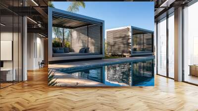 A series of luxury poolside cabanas made from aluminum siding, designed to reflect the sunlight and provide a cooling, private space for guests Wall mural