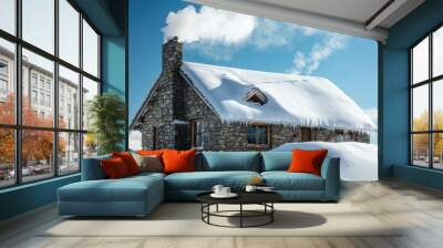 A stone bungalow with snow-covered roof and steam rising from the chimney, exemplifying how well stone retains heat even in the coldest climates Wall mural