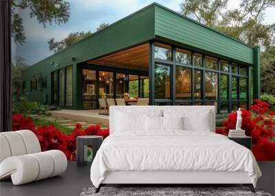 Contemporary abode with a forest green exterior, surrounded by ruby red blooms, with large windows and a sand-colored dining set Wall mural