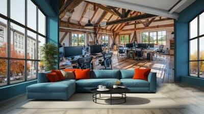 converted barn office with large, open spaces, rustic beams, and modern office equipment, surrounded by countryside Wall mural