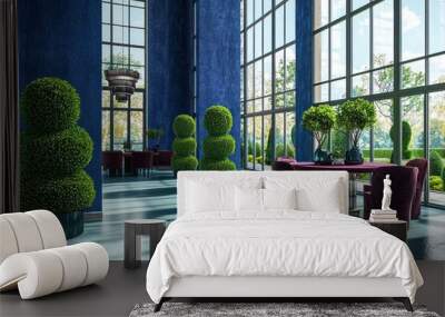 Denim blue modern villa, surrounded by emerald green topiaries, featuring large windows and a maroon dining set Wall mural