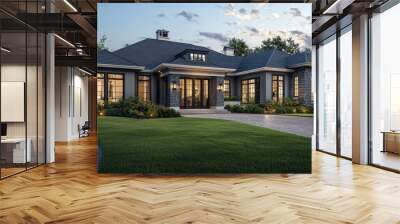 Home exterior rendering in slate gray accents, with traditional architectural style, dark limestone and hickory details, sweeping windows, cream roof trim, a brick driveway, and lush green grass Wall mural