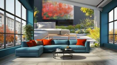 Modern garden room with light gray accents, set against a colorful, modern art garden High-quality, sleek architecture Wall mural