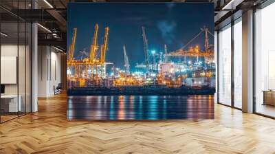 Nighttime image of a large-scale commercial dock expansion project, with cranes and cargo ships visible under bright lights Wall mural