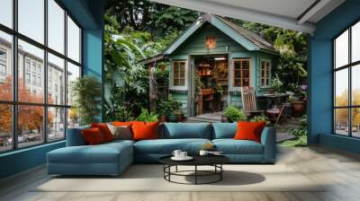 quaint potting shed in a lush garden, creatively repurposed into a charming and inspirational office space Wall mural