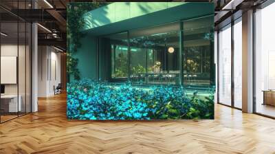 Sage green contemporary home with large windows, nestled among deep turquoise flowering plants, featuring a silver dining area Wall mural