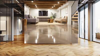 Scandinavian basement remodel with polished concrete flooring, light wooden accents, and modern minimalist furniture Wall mural