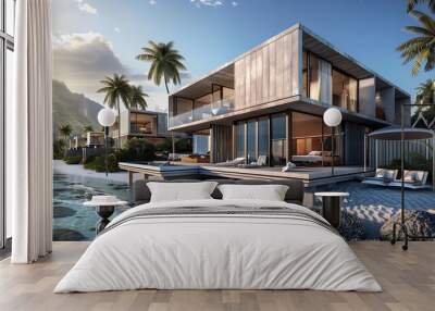 series of luxury beach villas with fiber cement siding designed to mimic coral textures, blending environmental consciousness with aesthetic beauty Wall mural