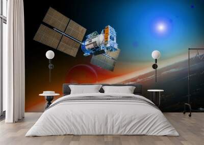 Spacecraft Orbiting Earth in the outer space, Night on the Earth and satellite in space Wall mural