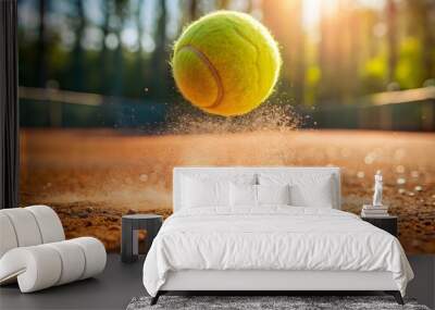 tennis ball in motion on and hitting dust, bouncing tennis ball Wall mural