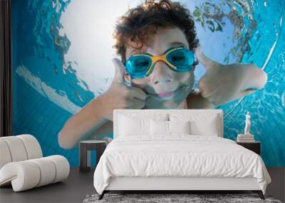 Underwater Young Boy Fun in the Swimming Pool with Goggles Wall mural