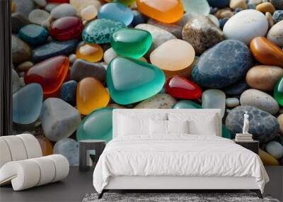 vibrant jewels on the shore. Sea glass with a grainy polish and stones near the shore,  Close-up view of multicolored sea pebbles set in sparkling green and blue glass. Summer beach background Wall mural