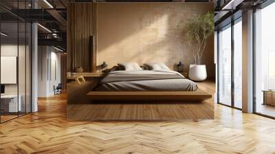 zen-inspired bedroom with a double bed, minimalistic furniture, and a smooth bamboo floor. Wall mural