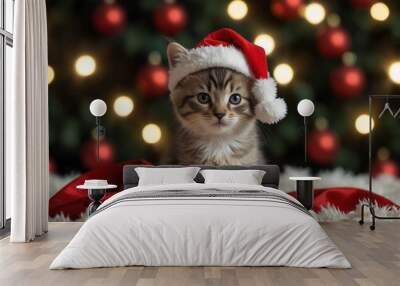 A tabby kitten wearing a Santa hat sits in front of a Christmas tree  Wall mural