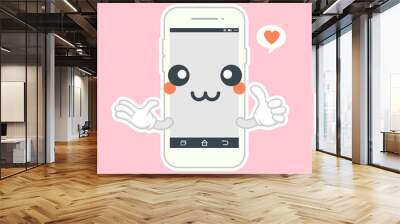 Cute and kawaii smartphone flat design, mobile phone cartoon character. Vector flat line cartoon kawaii character illustration icon. Callphone, smartphone with character face app concept Wall mural