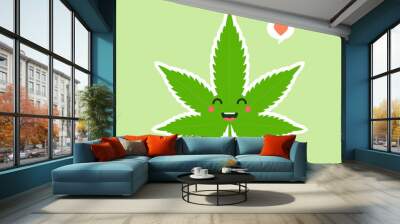 Cute and kawaii smiling happy marijuana weed green leaf face. Vector flat cartoon character illustration icon design. Isolated on color background. marihuana ganja, medical and recreation cannabis Wall mural