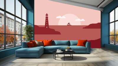 view of the lighthouse on the seashore with sunset or sunrise flat design vector illustration Wall mural