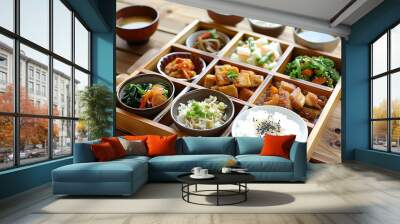 A delicious and healthy Japanese meal with rice, vegetables, and fish Wall mural