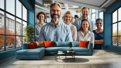 A group of smiling business professionals posing in an office Wall mural