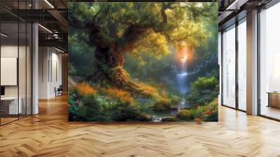 A magical forest with a giant tree, a waterfall, and a river flowing through it. There are many flowers and plants in the forest, and the sun is shining through the trees. Wall mural